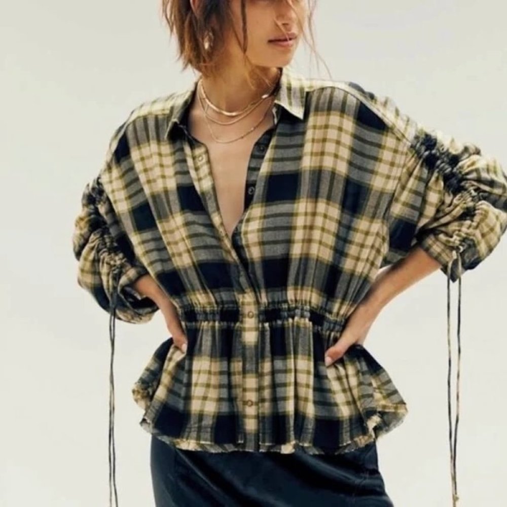 Free People We the Free Sz. S Pacific Dawn Top Wool Blend Green Plaid Top - Picture 1 of 10